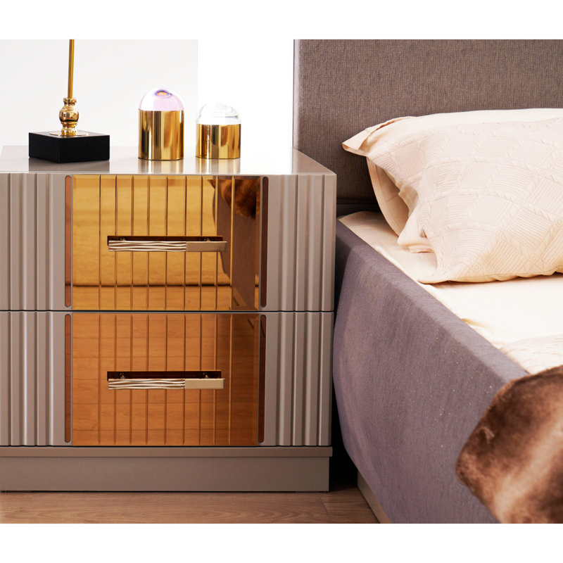 Élégante table de chevet en bois gris pour chambre à coucher avec 2 tiroirs spacieux et rangement de finition