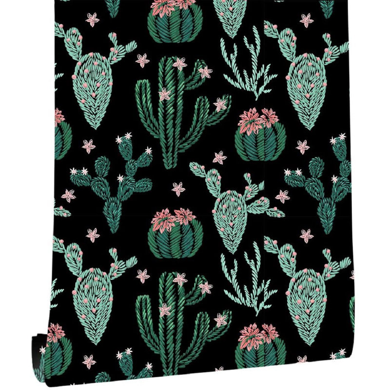 Dakota Fields 93026 Cactus papier peint adhésif auto-adhésif floral en vinyle noir / vert / rose amovible 17,7 po x 9,8 pi