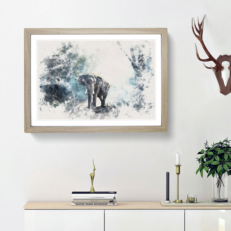 Elephant Roaming In A Green Forest - Picture Frame Painting, 36cm H x 48cm W x 2cm D, Oak Framed