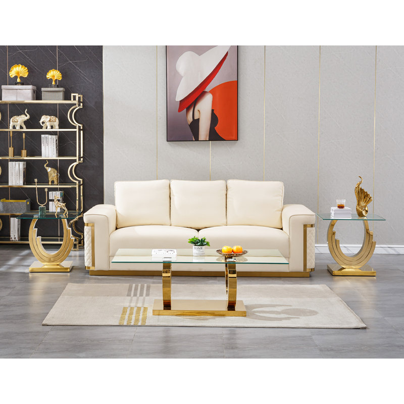 3 Piece Glass Coffee Table Set, Modern Living Room Table Set with 1 Coffee Table & 2 End Tables, Luxury Glass Coffee and End Table Set with 3C-Shape Stainless Steel Base for Home Office