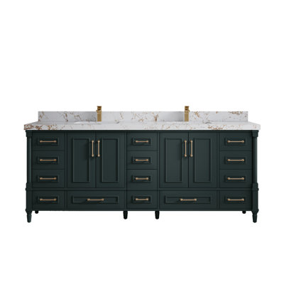 84 In. W X 22 In. D Aberdeen Double Sink Bathroom Vanity In Dark Forest Green With 2 In. Viola Gold Quartz -  Willow Collections, ABD_DGN_VL_GL_84