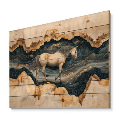 Modern Mustang Horse By The Golden River II - Horse Animal Wood Wall Decor - On Natural Pine Wood
