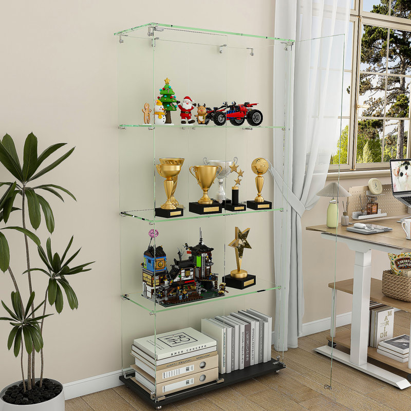 Vitrine à 5 niveaux en verre avec 5 modes DEL dynamiques, portes doubles et tablettes fixes pour un accès facile, vitrine sur pied pour la présentation de bureau à domicile ou de magasin