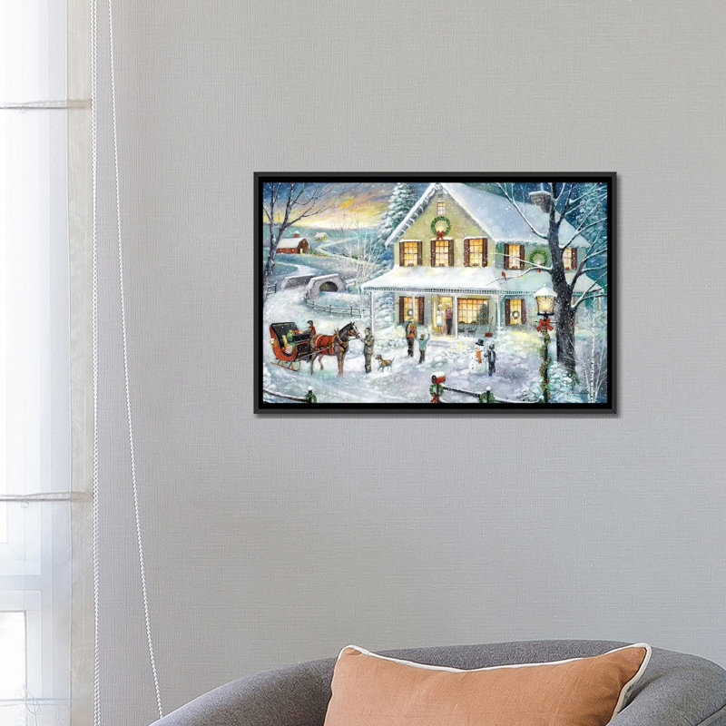 «Christmas visite» par Ruane Manning - reproduction d'art, H 18 po x l 26 po x P 1,5 po, Toile avec cadre noir, Aucun mat