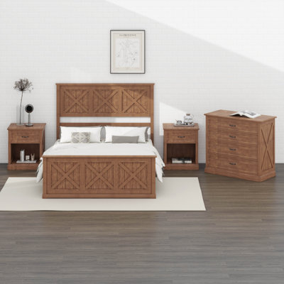 4 Piece Bedroom Set,Farmhouse Queen Bedroom Furniture Sets With Wooden Platform Bed Frame, 2 Storage Nightstands And 1 Dresser, Retro Queen Size Bedro