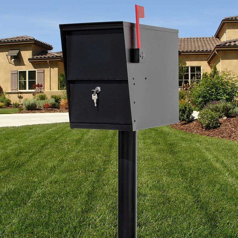 Black Steel Locking Post Mounted Mailbox with Red Flag