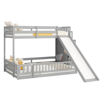 Twin Bunk Bed With Slide, Storage Staircase, Pine Solid Wooden Bunk Bed With Safety Guardrails,Gray