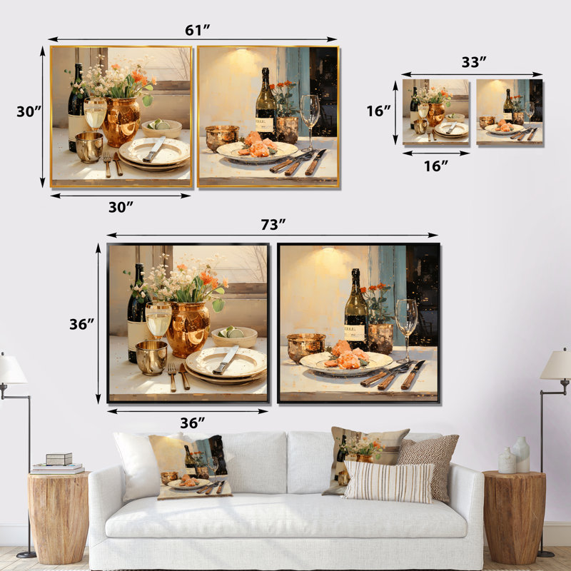 Ensemble de 2 reproductions d'art mural Beige Wine Essence Kitchen, Toile tendue, H 16 po x l 33 po x P 1 po