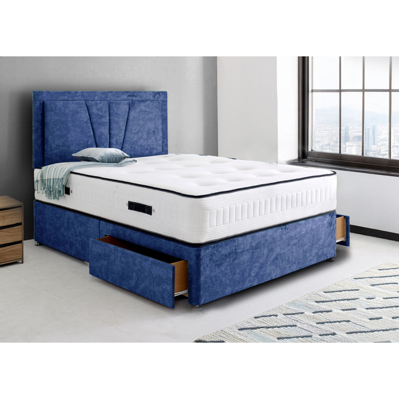 Divan Bed with Valencia 24" Headboard with 2x Drawers Same Side, Midnight Blue, Small Single, 2 Drawers Same Side.