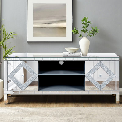 Mirrored Tv Stand For 65/ Inch Tvs, Silver Console With 2 Cabinets & Open Space, Modern Living Room Essential Cabinet Stand, Table Storage Drawers, Style
