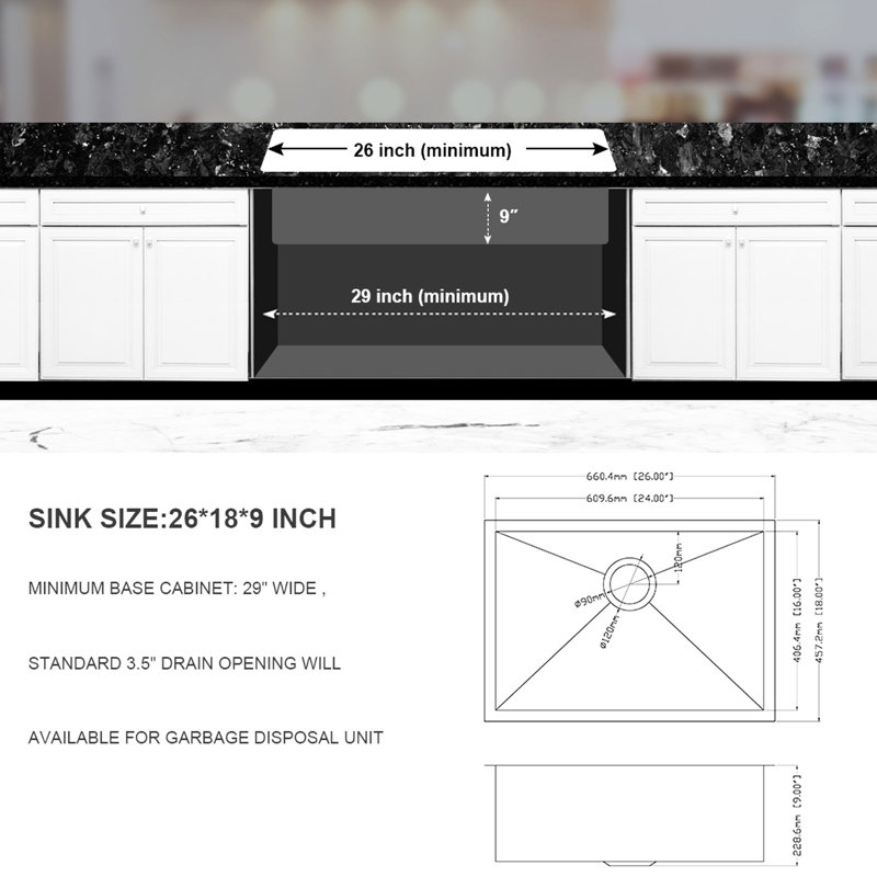 26 Inch 16 Gauge Undermount Stainless Steel Kitchen Sink, Single Bowl With Drain Assembly, X - Shaped Water Guiding Design For Fast Drainage, Condensation Layer And 3Mm Noise Reducing Pad 26" X 18"