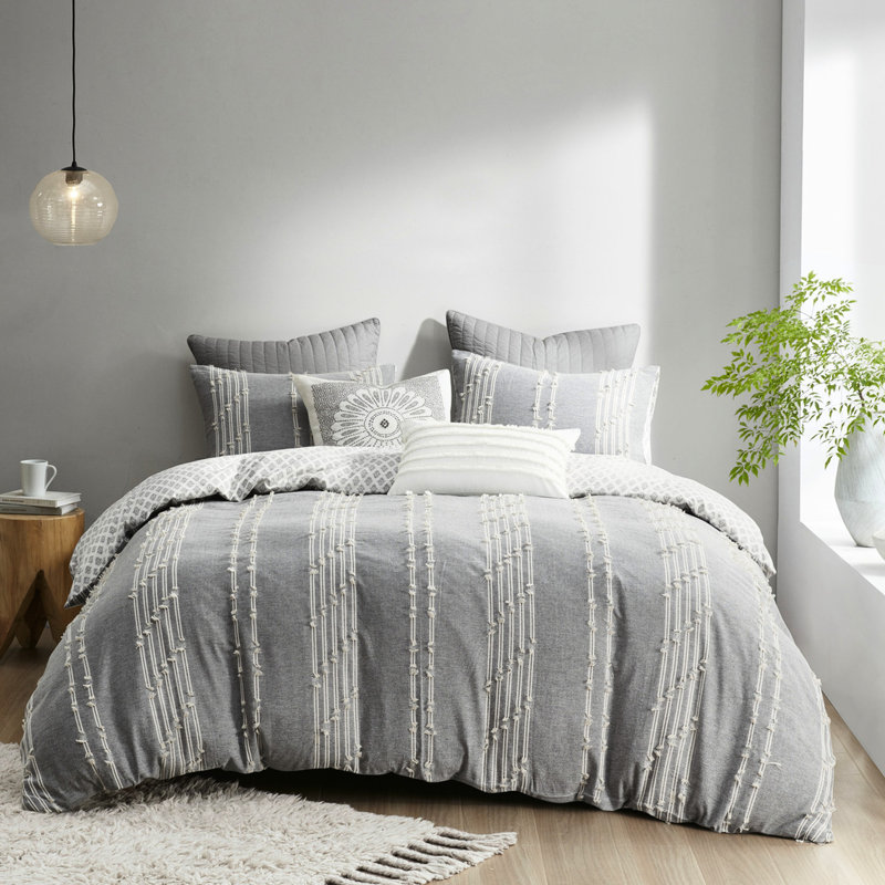Housse de couette 100% coton, gris avec motif de losanges, imprimé décoratif double / grand, Gris