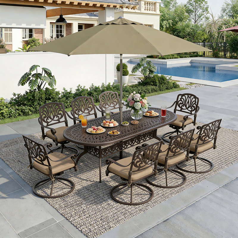 Tauren 8 - Person Patio Dining Set with Oval Table , Cushions Included, Khaki