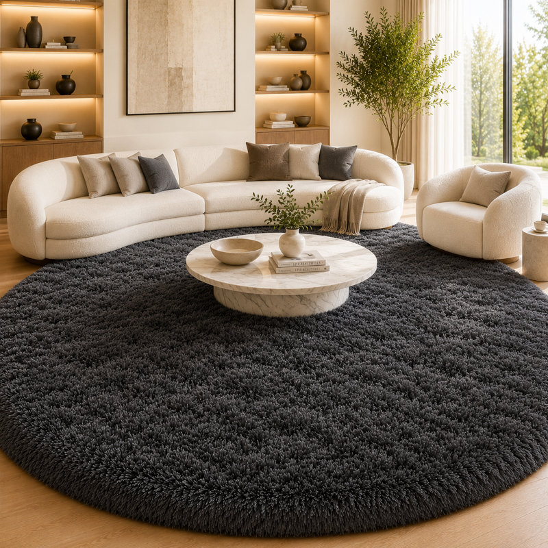 6x6 ft Charcoal Gray Round Rug for Bedroom Room Fluffy Circle Rug Furry Carpet Shaggy Circular Fuzzy Washable Non-Slip Large Area Rug Soft Indoor for Living Room Cute Aesthetic Home Decor