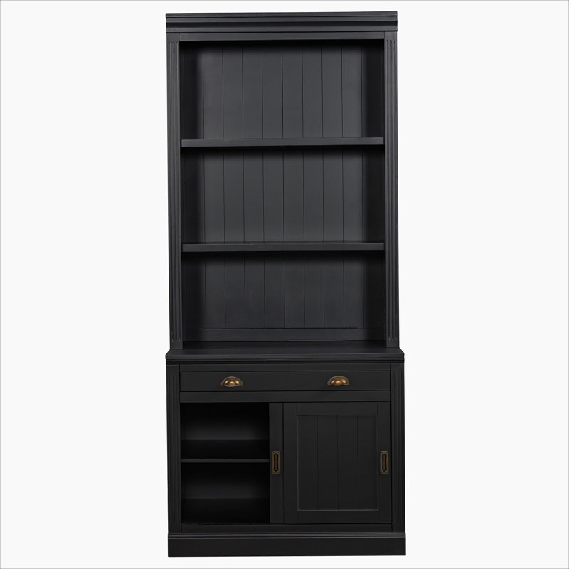 83.4"Tall Bookshelf with LED Lighting, Modern Bookcase with Sliding Doors and Open Shelves,Storage Bookshelf for Living Room,Home Office,Black