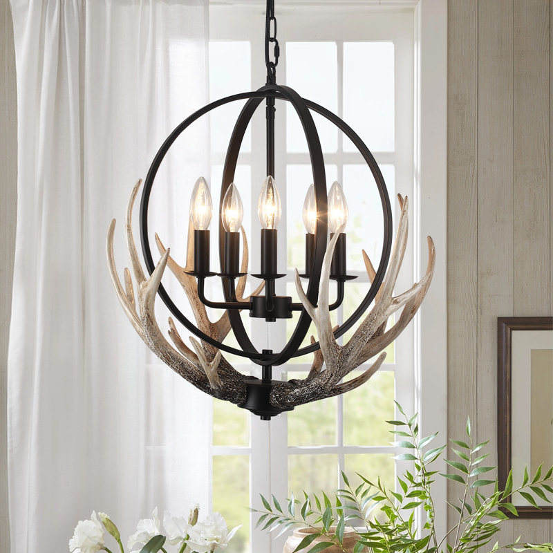 Lustre de style campagnard à 5 lumières à intensité variable de style rustique 20,47 po avec abat-jour en bois de résine