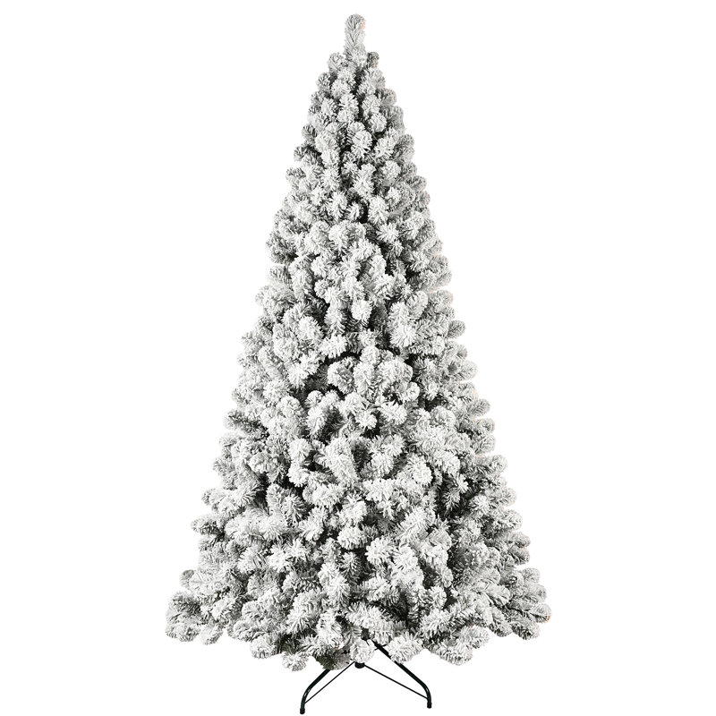 Arbre de Noël 9 pi floqué avec 650 lumières chaudes UL, embouts en PVC de 1930, fil à mémoire dépliable, assemblage facile et support en métal stable - décor des Fêtes enneigé