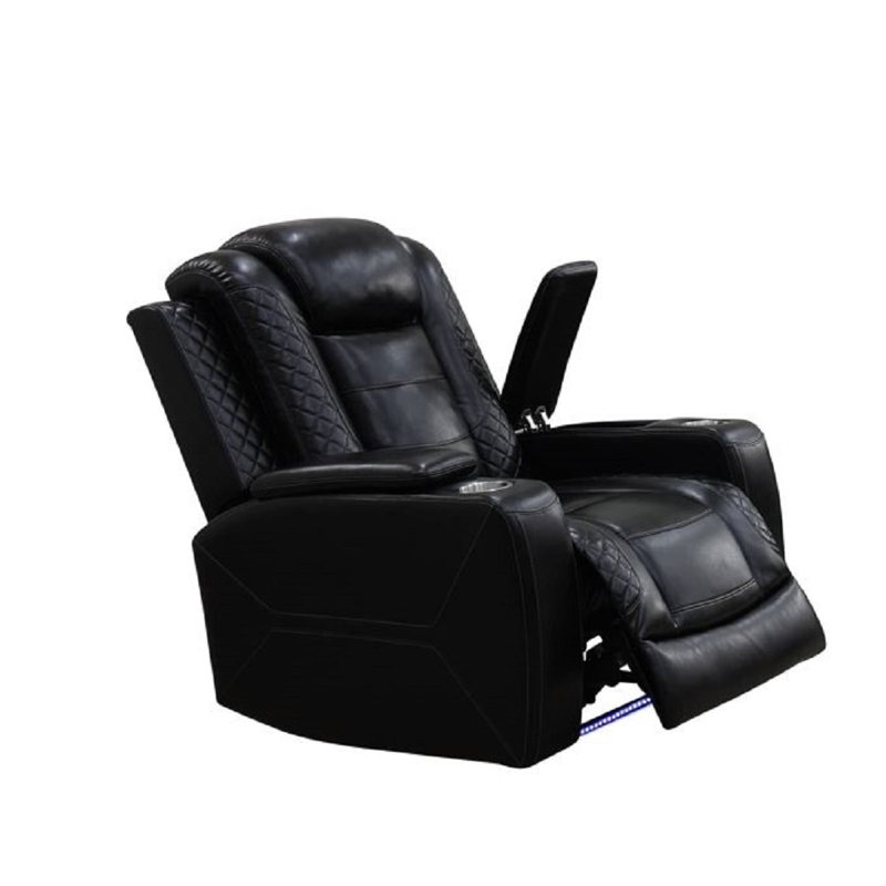 Rea+36.6" Breathing Leather Living Room Recliner Chair With Arm Storage,Cupholders, Black Faux Leather