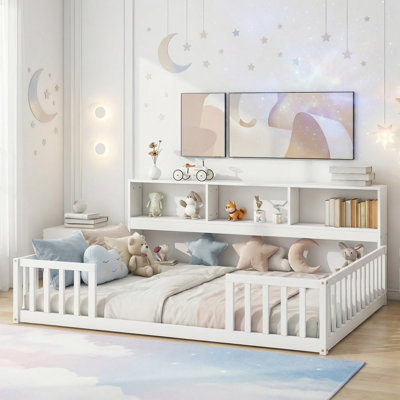 Full Floor Bed with Side Bookcase,Shelves,Guardrails
