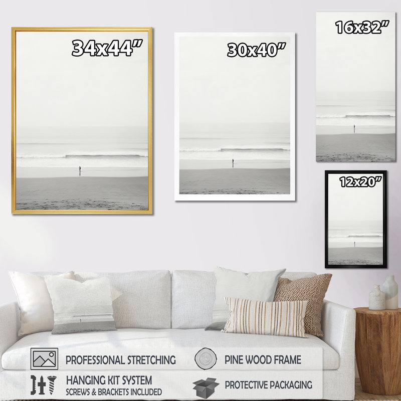 Minimalisme noir et blanc photo de plage V - art mural plage côtière, H 20 po x l 12 po x P 1 po, Toile tendue