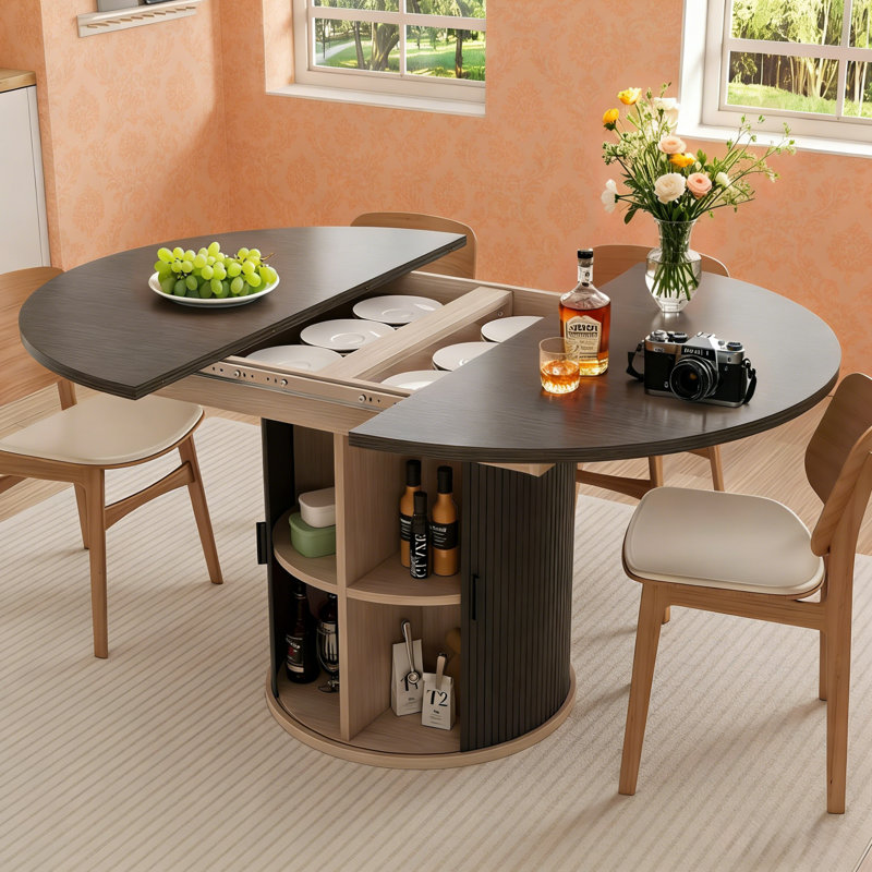 Table de salle à manger extensible avec rallonge cachée et 8 compartiments de rangement - maison de campagne moderne, Noir