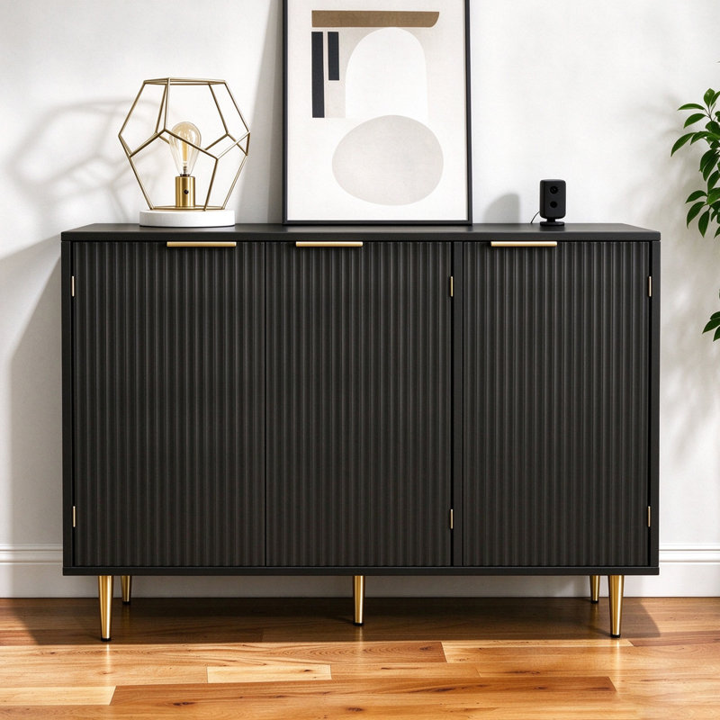 Fluted Buffet Sideboard With 3 Doors, Modern Accent Cabinet With Adjustable Shelves, Kitchen Storage With Golden Handles, Coffee Bar For Kitchen, Dining Room