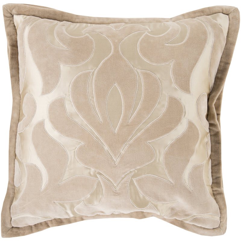 Damask Cotton Throw Pillow, 18" H x 18" W x 4" D, Taupe, Down