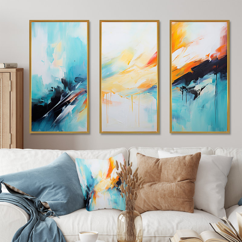 Azur bleu jaune fusion 3 - art mural abstrait, Cadre flottant doré, H 28 po x l 36 po x P 1 po