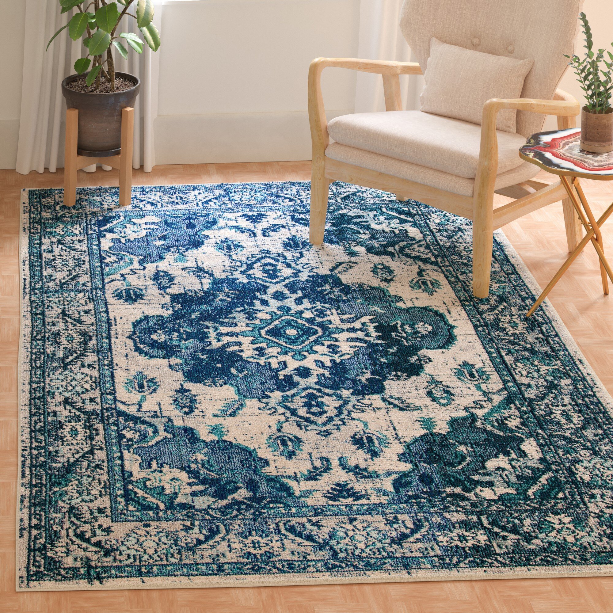 Oriental Machine Woven Rectangle 6' x 9' Synthetic Area Rug in Blue/Brown/Ivory Bungalow Rose