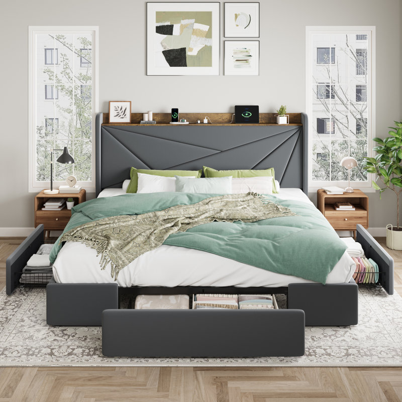 Modern Upholstered Bed With Charging Station & Storage Drawers, Velvet Wingback Headboard,Queen/Full/King Size, Gray, King