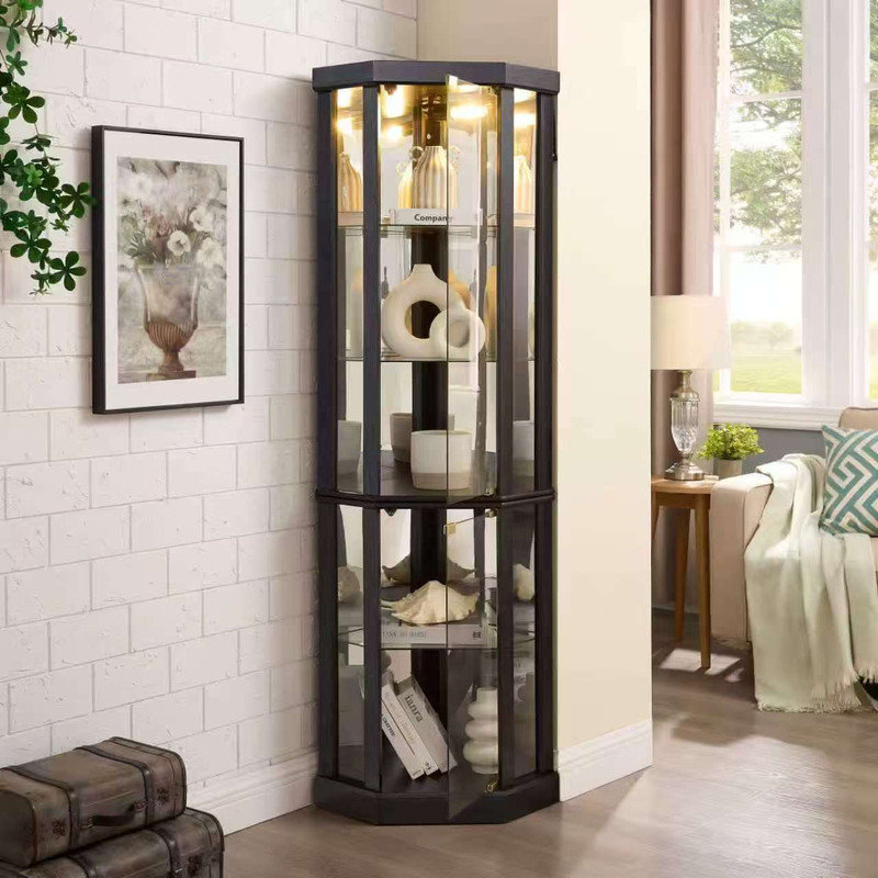 Vitrine de coin noire éclairée avec portes en verre et panneau arrière en miroir