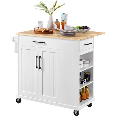 36″ H Kitchen Island Cart with Solid Wood Top and Storage
