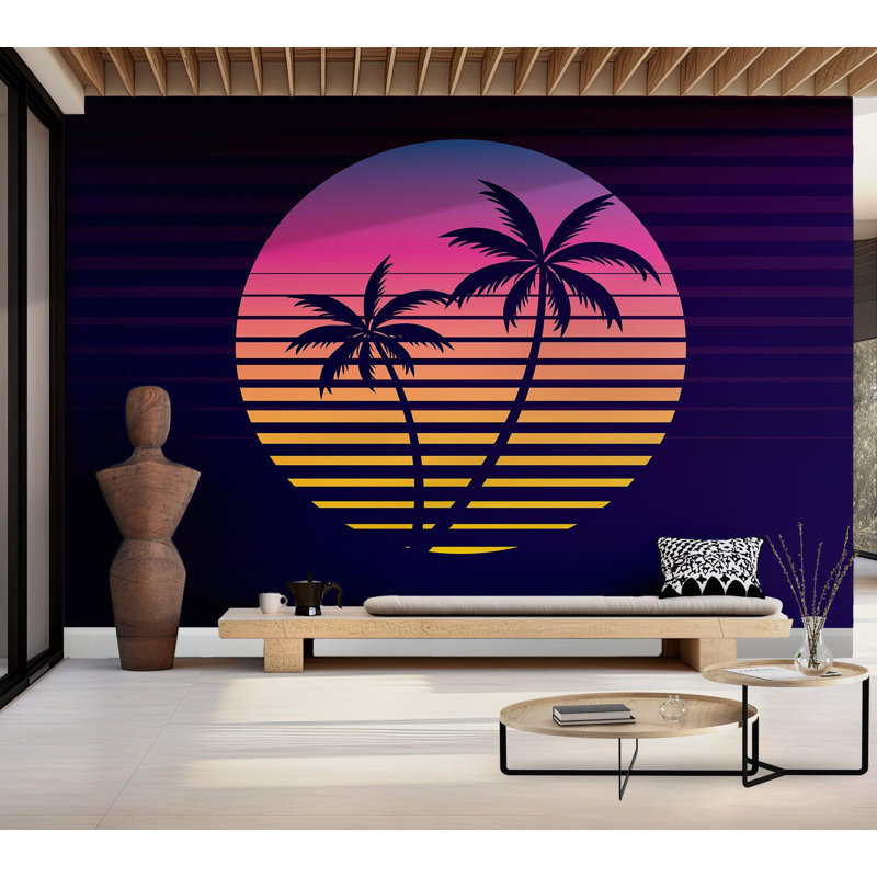 Papier peint de qualité supérieure - Palmiers rétro au coucher du soleil, L 96 po x l 120 po