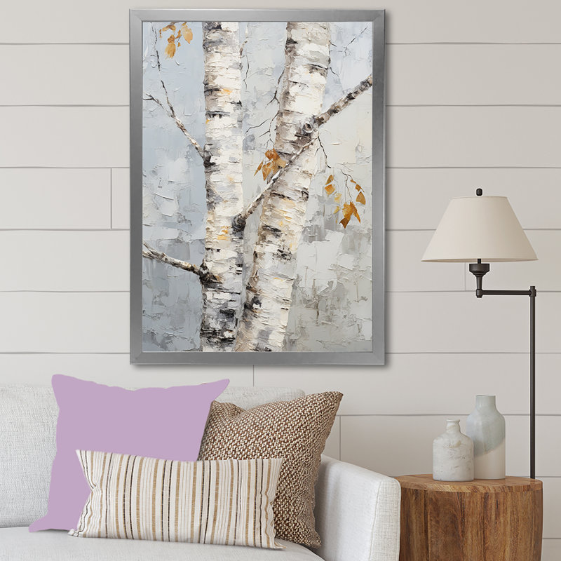 «Gray Minimalisme Sycamores Tree Shade III», reproduction sur toile, Cadre simple argenté, H 44 po x l 34 po x P 1,5 po