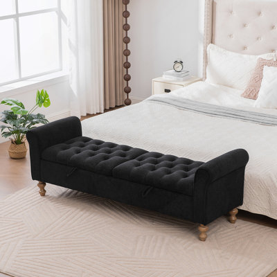 65.75" Wide Modern Upholstered  Storage Bench With Double Lids, Napped Fabric Foot Stool With Rolled Armrest, Bench Daybed With Rubberwood Legs For Living Room, Entryway, Dormitory, Bedroom,Black