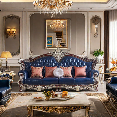 European Style Cowhide Solid Wood Sofa 122'' Upholstered Sofa
