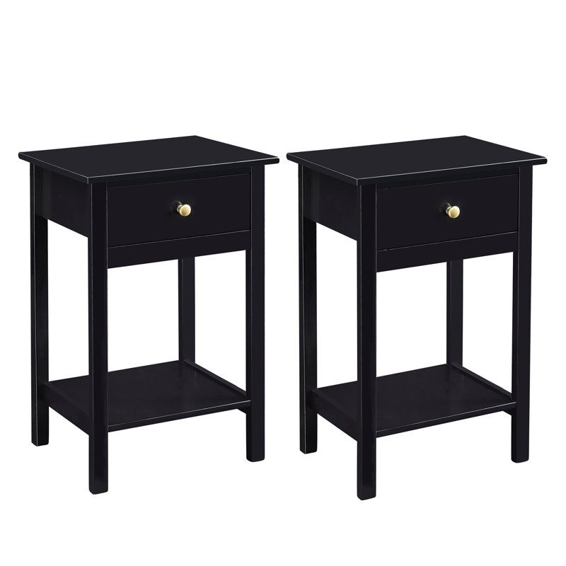 Set of 2 Wooden Bedside Table with large Open Shelf and Drawer – Arlo by, Black