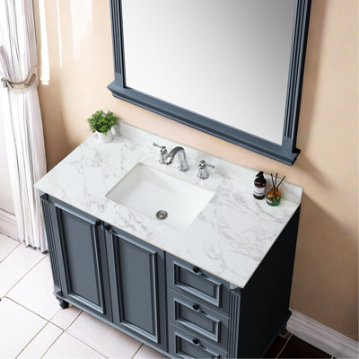 Comptoir de meuble-lavabo 49 po x 22 po - Blanc pierre fritté, lavabo rectangulaire encastré en céramique, et attrayant, 3 trous de robinet, convient à une armoire de 48 po, facile à installer, comprend un dosseret blanc