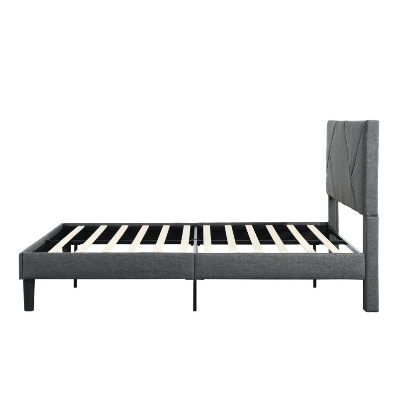 Structure de lit plateforme double avec tête de lit tapissier - sommier à lattes en bois massif sans sommier gris Assemblage simple avec support sonore facile à utiliser