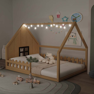 56.8"Wood House Bed with Window and Fence