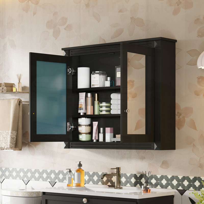 Armoire de rangement murale moderne avec 2 miroirs et tablettes réglables, parfaite pour les salles de bain organisées et élégantes.