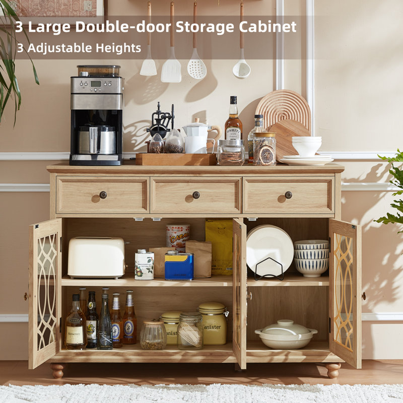 Sideboard Buffet Cabinet With Storage,48" Credenza With 3 Glass Doors & 3 Drawers,Adjustable Shelves Coffee Bar,Wood Kitchen Console Table For Dining Room,Living Room