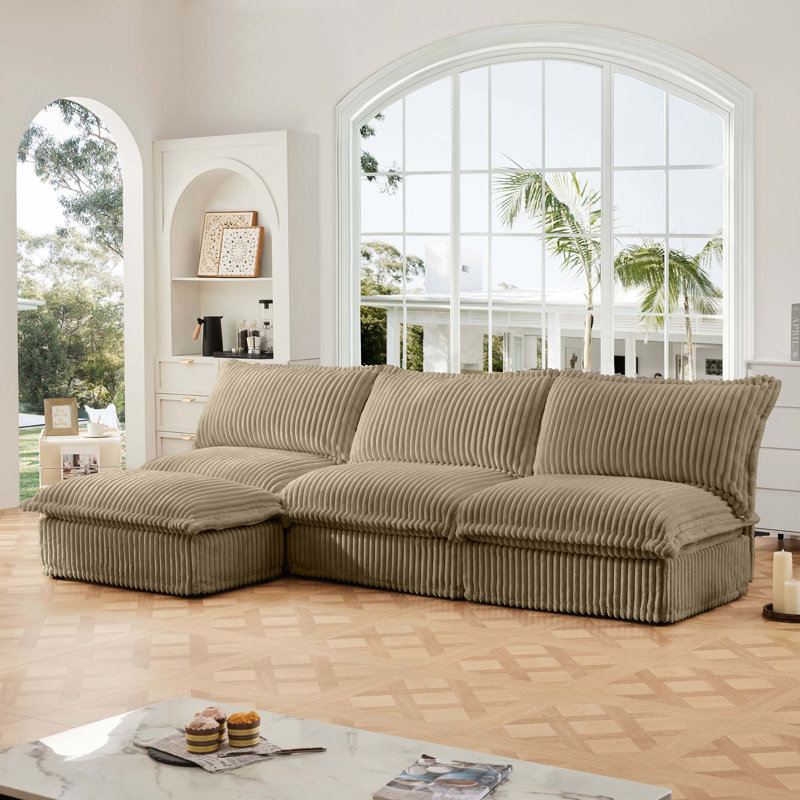 Canapé modulaire polyvalent sans accoudoirs avec repose-pieds réversible pour un confort ultime, Velours côtelé chameau