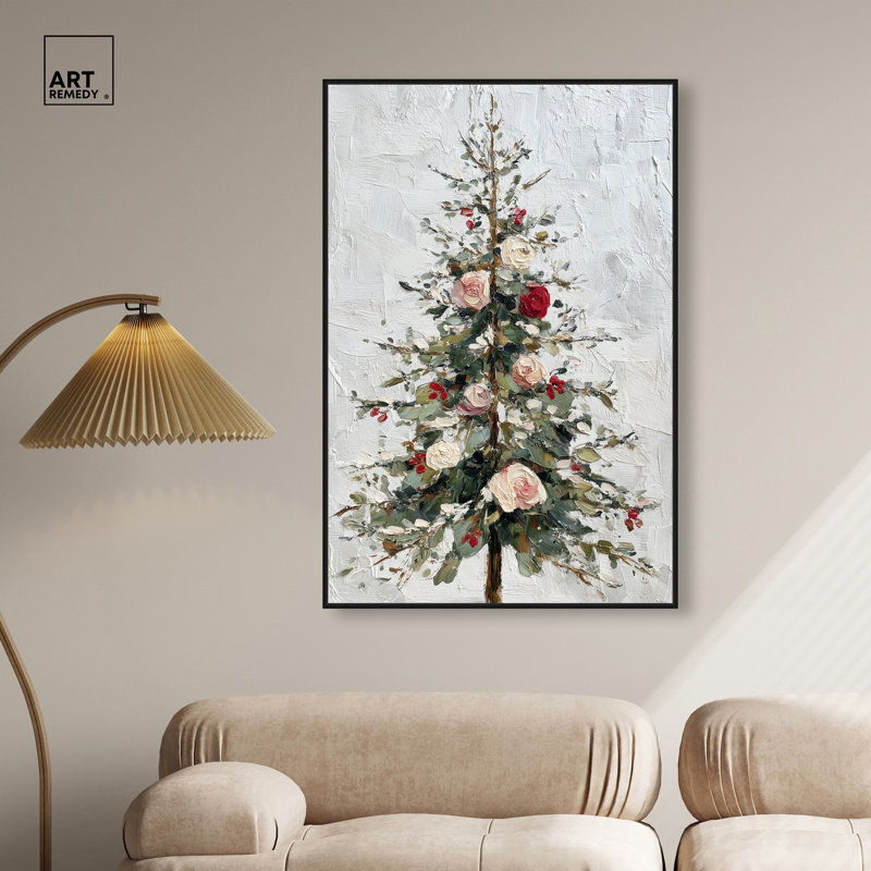 Décoration murale de Noël sur toile Festive Florals II par Art Remedy, cadre noir, 30 x 45, Structure noire
