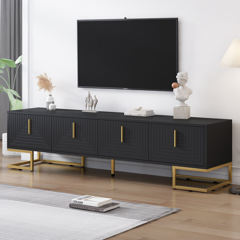 Modern TV Stand With Metal Legs And Gold Handles For Tvs Up To 80'', Media Console Table With Cabinets And Adjustable Shelves, Luxury TV Cabinet With Geometric Lines For Living Room