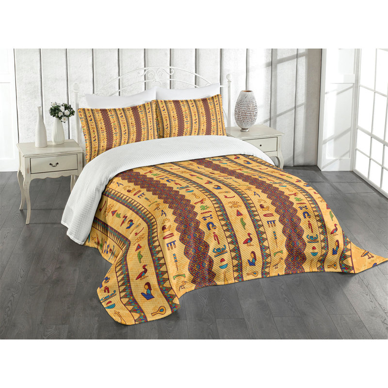 Ambesonne Egyptian Bedspread Set  Hieroglyphs  Multicolor, King Coverlet / Bedspread + 2 Standard Shams