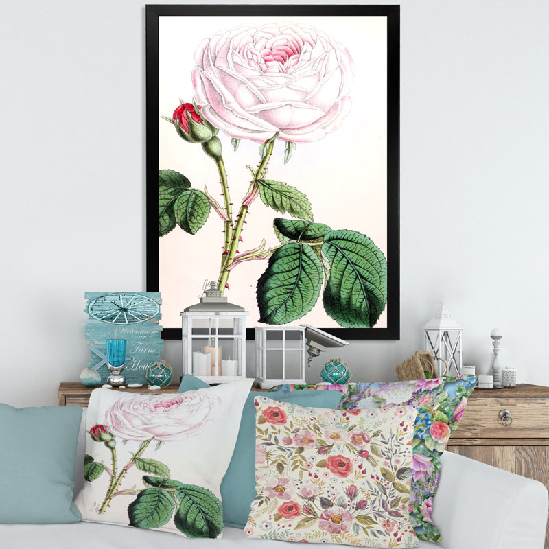 Fleur rose rétro - peinture sur toile, H 32 po x l 16 po x P 1 po, Cadre photo noir