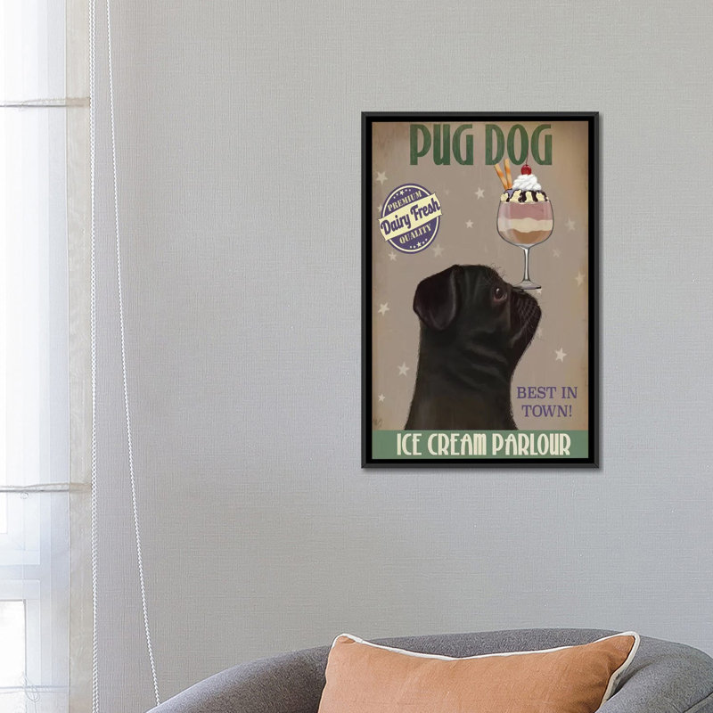 Impression sur toile tendue Fab Funky «Pug Ice Cream», H 26 po x l 18 po x P 1,5 po, Toile avec cadre noir, Pas de tapis