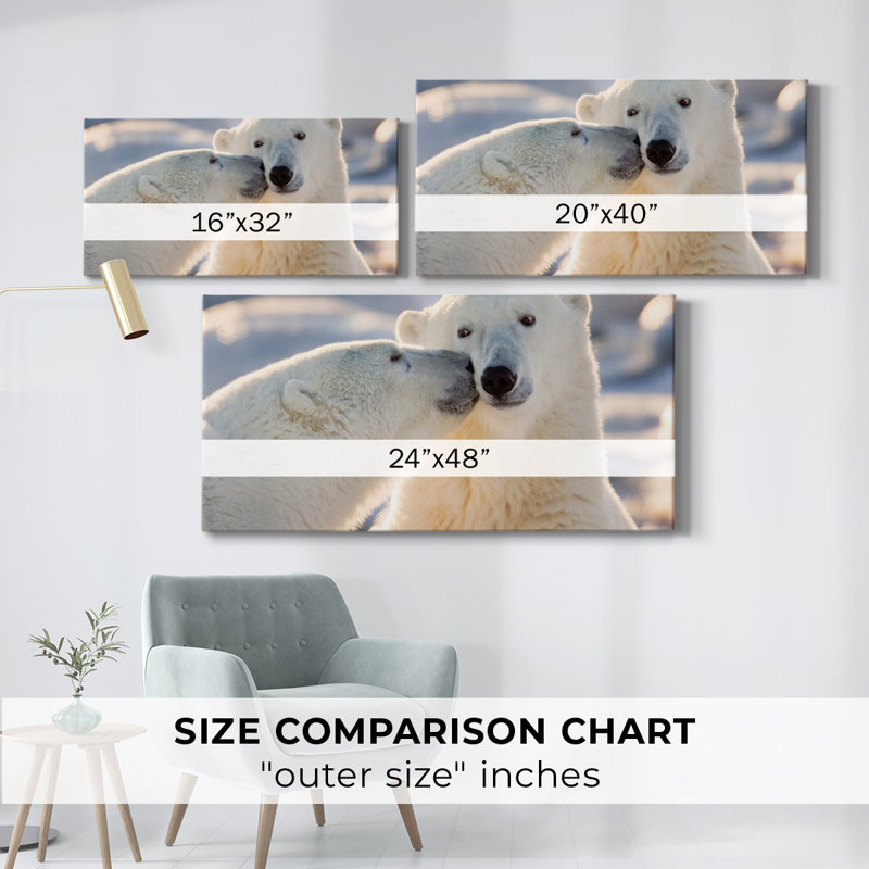 Baiser d'ours polaire - Toile tendue avec châssis encadré - Prêt à être accroché, H 21 po x l 41 po, Doré