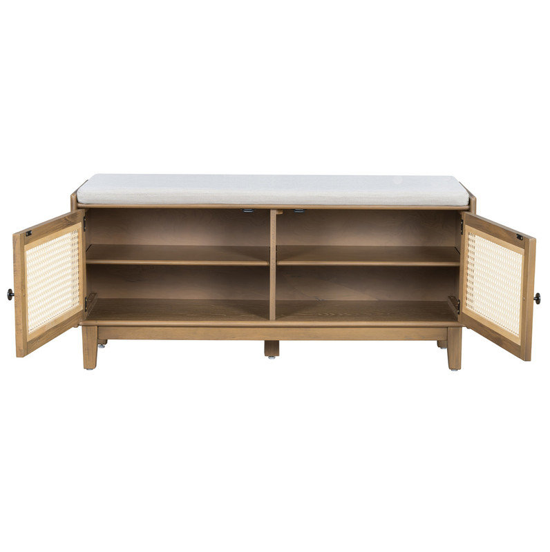 Banc de rangement en rotin avec rangement Boho, Bois naturel